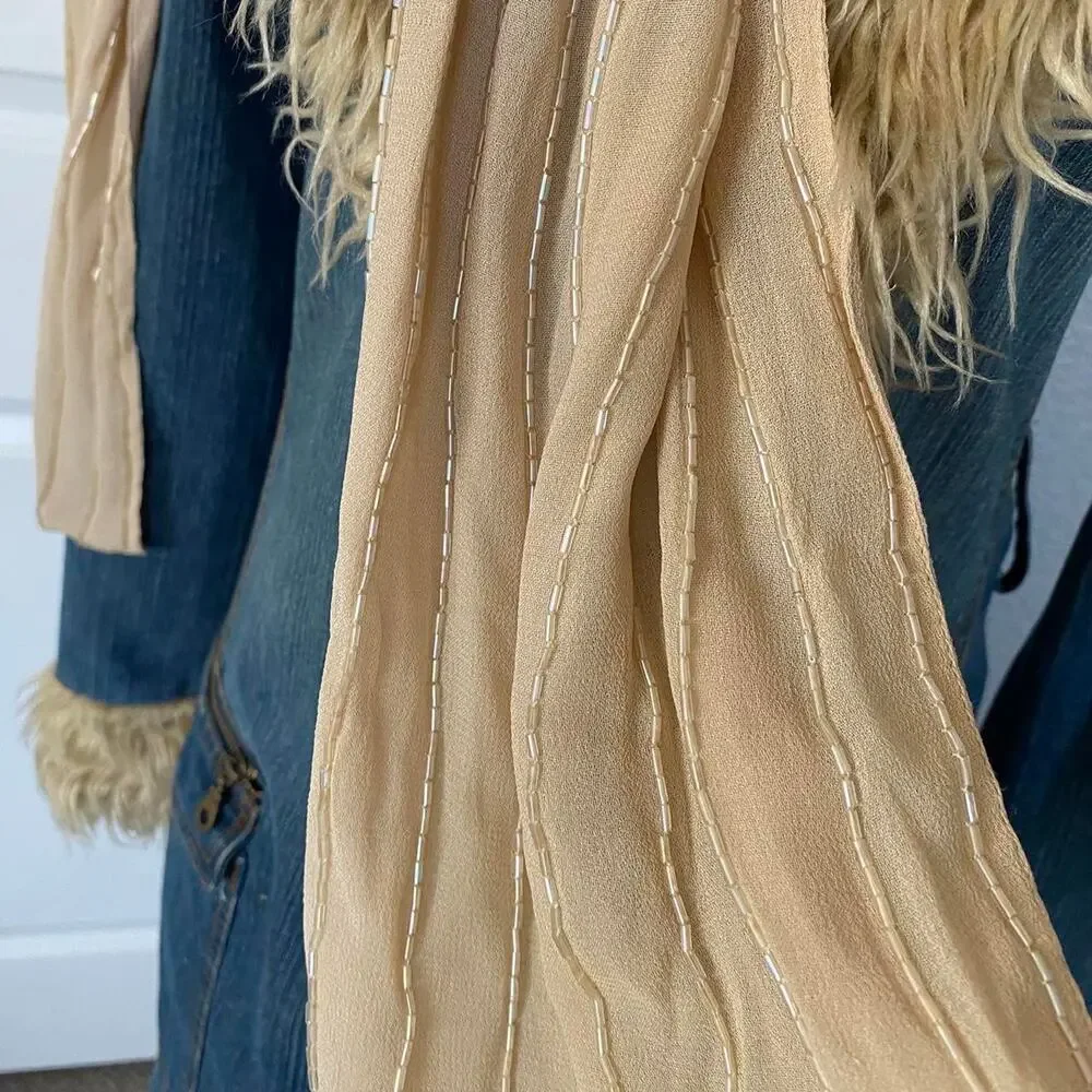 Vintage tan chiffon beaded embroidered scarf
